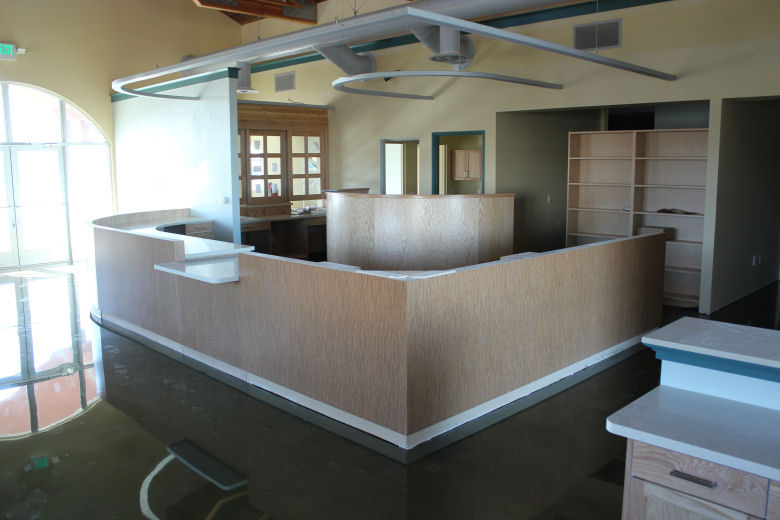 Custom reception desk and cabinetry built by Caldwell Enterprise for a veterinary clinic